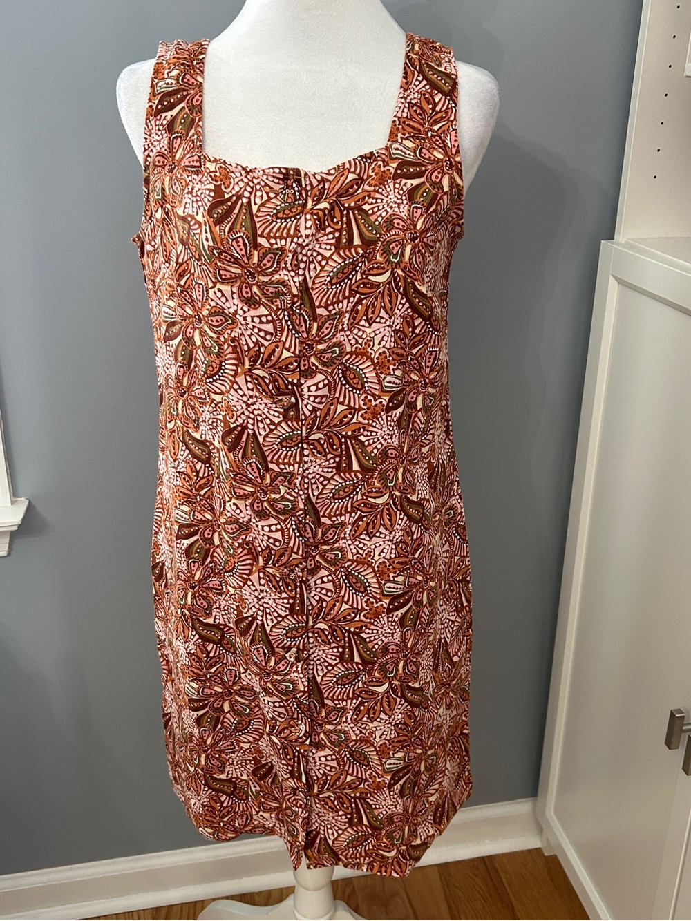 Garnet Hill Women's Linen Shift Dress Size 2 Rust Orange Floral Button Front